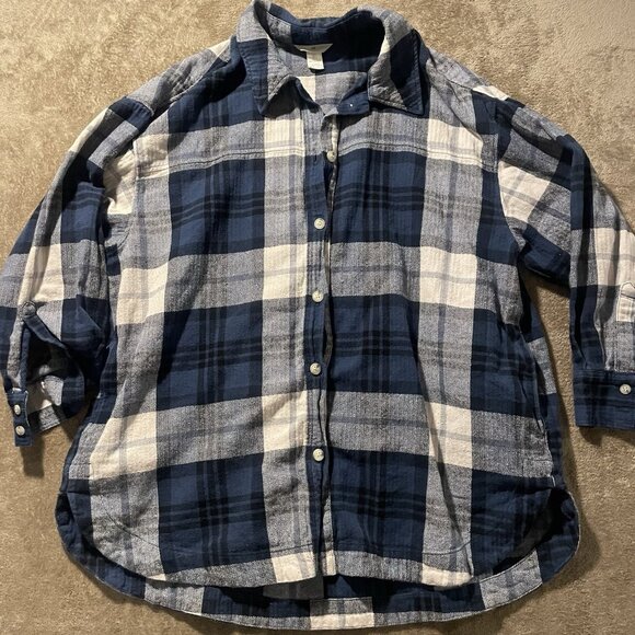 H&M Shirt Womens Large Shacket Oversized Herringbone-Weave Blue Plaid Pockets - Picture 1 of 7